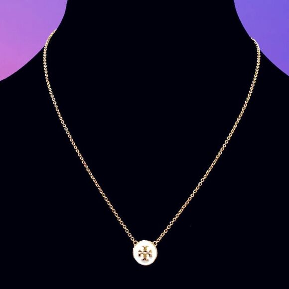 TORY BURCH KIRA ENAMELED PENDANT LOGO GOLD NECKLACE - Picture 2 of 3